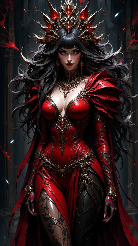 Sexy Fairy ，Dark Queen， Exquisite Face ，red eye，Bangs,  long hair , Big breasts， Sexy Scarlet Dress 