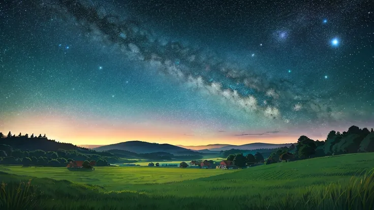 Ghibli style countryside starry sky , landscape