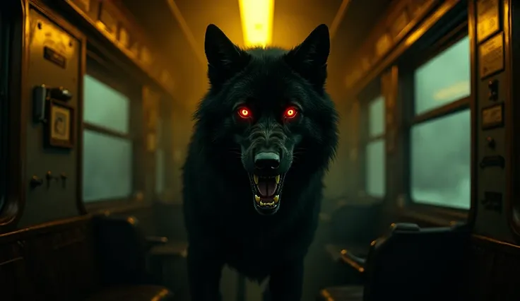 Here’s a detailed prompt for your image:

"A massive black wolf with glowing red eyes stands in the dimly lit cabin of a vintage train in the 1980s, its fur bristling with aggression. Its sharp fangs are bared, and its powerful muscles are tensed, ready to...