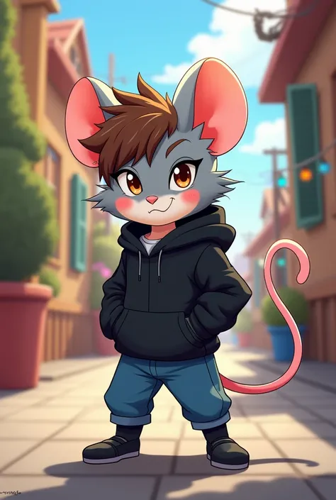 Tiny mouse boy, athletic build, grey fur, pink tail, messy brown hair, black hoodie, blue jeans, sock covered paws, anime art style