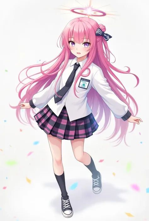 hoshino \(blue archive\),heterochromia,long hair,pink hair,ahoge,halo,white shirt,plaid skirt,necktie,sneakers,id card,naked