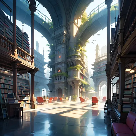 creates the image of the interior of a futuristic library. In the image you can see tables, chairs, shelves with books and futuristic devices. There are also giant screens.background only. The style of the image is drawing, stunning digital illustration, H...