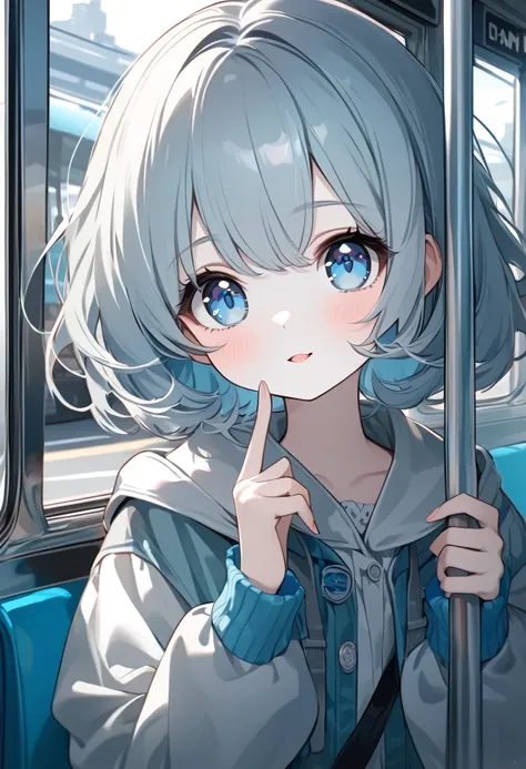  transparent white short hair ，Wear ， milky super light blue on the tips of your hair ， light blue eyes， very cute cute girl ， Beautiful Fingers ， pale skin on a street car，