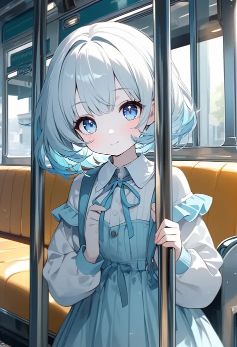  transparent white short hair ，Wear ， milky super light blue on the tips of your hair ， light blue eyes， very cute cute girl ， Beautiful Fingers ， pale skin on a street car，