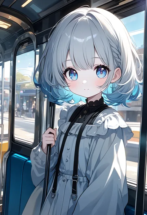  transparent white short hair ，Wear ， milky super light blue on the tips of your hair ， light blue eyes， very cute cute girl ， Beautiful Fingers ， pale skin on a street car，