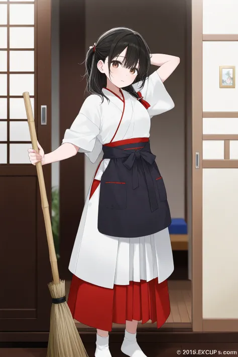  1 girl　Reception room　 black hair　Tie your hair together at the back　 brown eyes　white short sleeve kimono　Red Hakama　black apron　White socks　 Broom