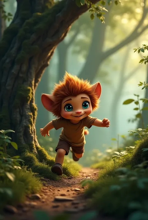 A cute Pixar-style hiran cub with a large, fluffy mane and big blue eyes, wearing a brown t-shirt and brown shorts, happily exploring a dense forest. The cub is playfully running around an ancient, mysterious tree with soft sunlight filtering through the f...