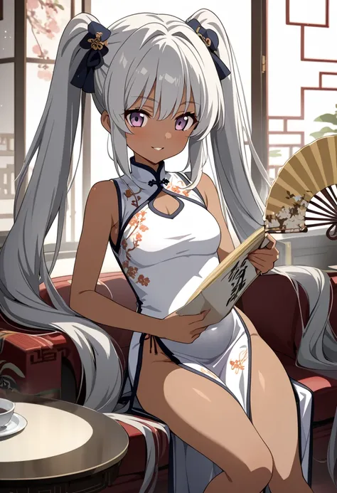  source_Anime,  top quality,  Masterpiece, a pretty Anime girl is reading a book and holding a fan,  1 girl, ((change)),Alone,  dress, chest,  long hair,  Silver Hair,  shoulder out,  pelvic curtains,  sleeveless,  barefoot, chest元, Bare wrist,  watches vi...