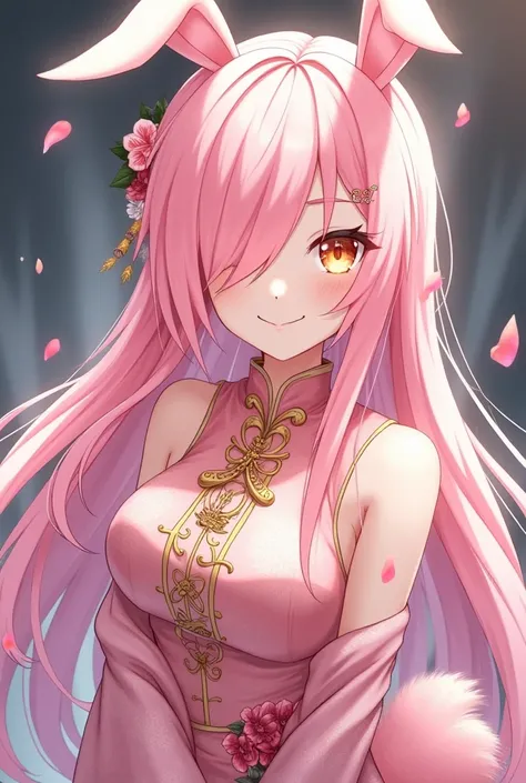 ( top quality,  best quality,  official art  , beautiful and aesthetic :1.2) female anime, rabbit woman, cute girl, long pink hair,  hair over the right eye ,  golden eyes,  rabbit ears, pompous pink tail ,  pink and gold Chinese clothes,  smiling.
