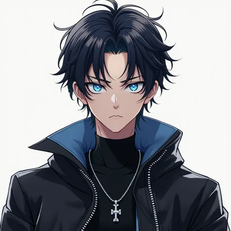 anime cute man 18-year-old, clean design, intricate details, (glowing blue eyes), short parted white/black hair, black iconic outfit, aggressive look, 8k resolution, full body
