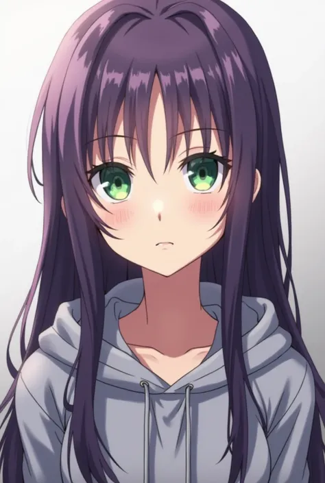 A composed and intelligent young Anime  with silky Purple hair falling straight down her back. Her sharp green eyes are filled with quiet wisdom and calculation. she is hearing a hoodie her expression is both Concerning, thoughtful. 