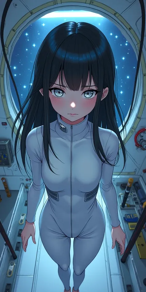 (Overhead view),dynamic angle, ultra-detailed, illustration, close-up, straight on, 1girl, 
 ((Japanese, interface headset, white bodysuit:1.4, black hair)),Her eyes shone like dreamy stars,(glowing eyes:1.233),(beautiful and detailed eyes:1.1),(expression...