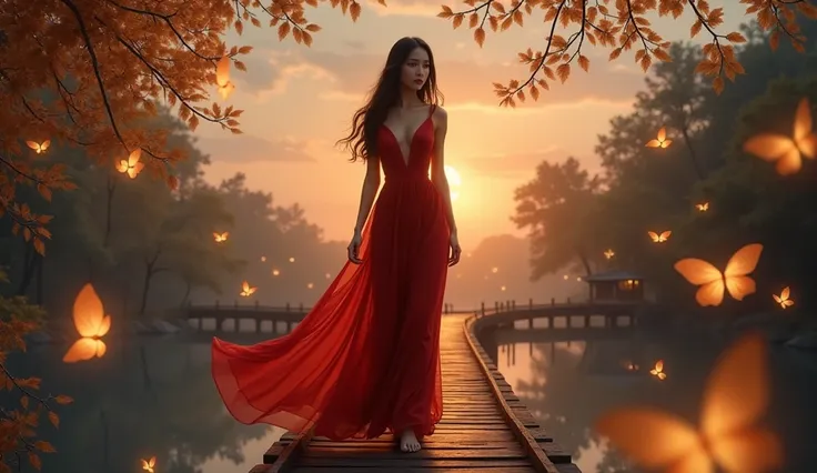 A seductive woman (vietnamese girl) in a silky deep red gown walks barefoot on a floating bridge suspended in a twilight sky. Around her, golden leaves transform into glowing butterflies, casting a magical light. The bridge leads to a small glowing house i...