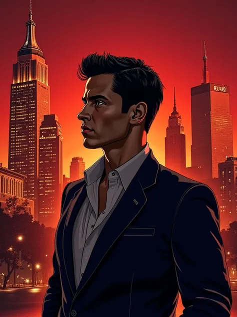  A bright book cover depicting a strong , determined man , standing in the foreground .  dark hair,  the vindictive gaze of a , confident,  charismatic billionaire in a custom-made suit symbolizing revenge. Behind him,  figure in the shadow of a cunning co...