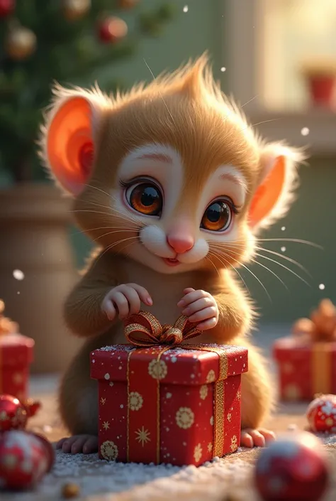 Une image d’un petit singe simpa qui ouvre des cadeaux 