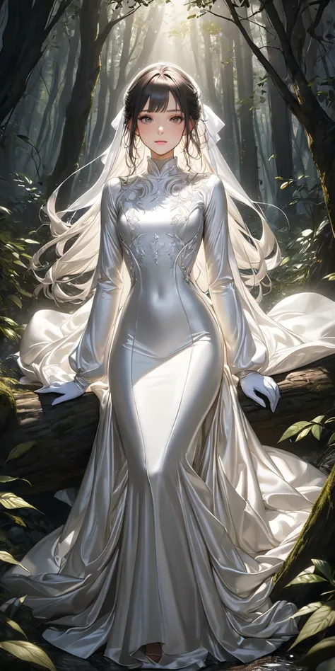  full body photo、 portrait 、(Masterpiece, top quality,  Ultra High Resolution ), Highly Detailed CG, Japanese woman,(( beautiful face)),(( long sleeve long dress made of shiny white silk satin))、((The dress has a simple design without embellishments))、drap...