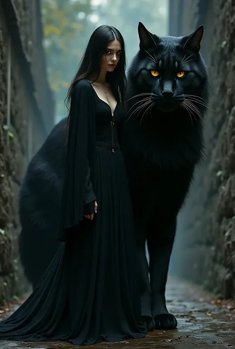 Woman in black clothes accompanied by giant cat 