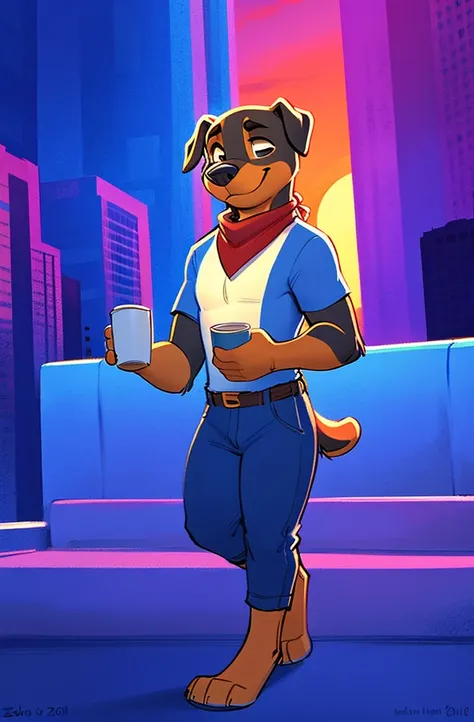 Alone, baby Rottweiler, boy, baby Rottweiler with a red bandana around his neck and a blue shirt and red and blue pants, boy, by Zaush, smiling holding a cup of coffee on a colorful 80s background🤎🤎🌇🌇🎥☀💜💜💜🏘🖤