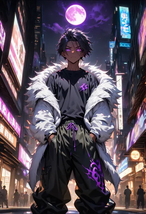 1male, dark skin, (black hair, glowing purple tattoos, baggy black shirt, white oversized fur coat, baggy urban pants), glowing purple eyes, detailed eyes, detailed face, looking down on viewer, hands in pockets, reflective moon background, city background...