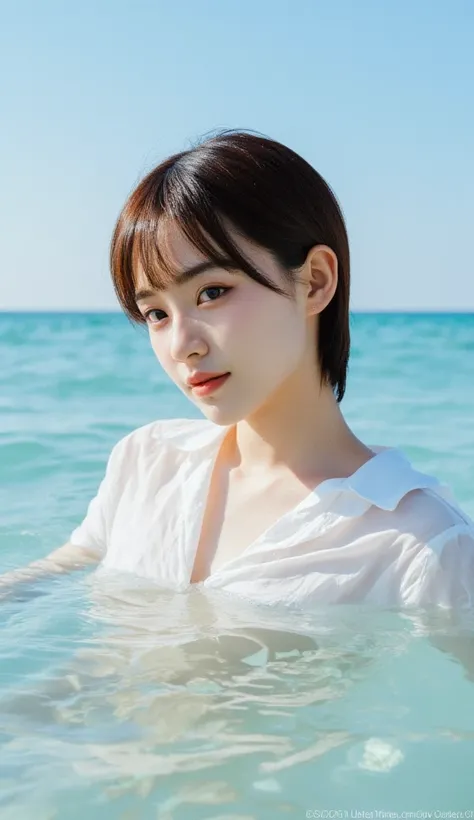 8k,RAW photo, ultra high res, realistic photo, Under bright sunlight, featuring a skinny young Japanese singer not wearing makeup and very small breast, with pixie brown hair, sun tanned skin, leaning backward in the blue sea, wearing a low-cut white airy ...