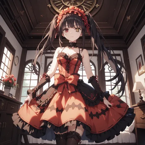 kurumi tokisaki, long hair, twintails, heterochromia, yellow eyes, clock eyes ,symbol-shaped pupils, dress, hairband, black thighhighs, Medium chest, thigh gap, glossy skin, glistening skin, looking at viewer, Tempting body, Room