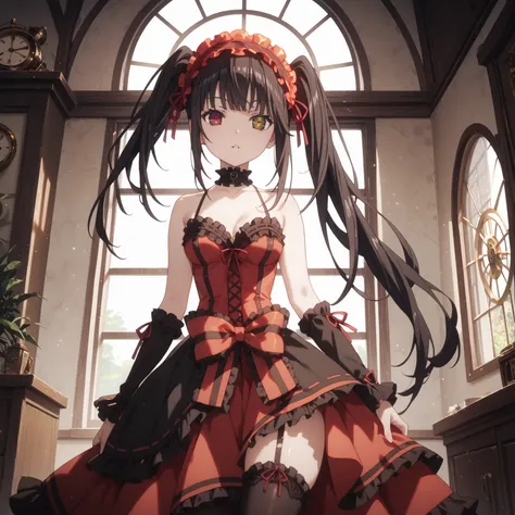 kurumi tokisaki, long hair, twintails, heterochromia, yellow eyes, clock eyes ,symbol-shaped pupils, dress, hairband, black thighhighs, Medium chest, thigh gap, glossy skin, glistening skin, looking at viewer, Tempting body, Room