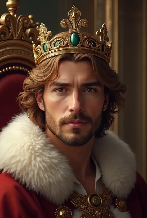 king with crown, honey colored wavy hair, dark brown eyes, short hair