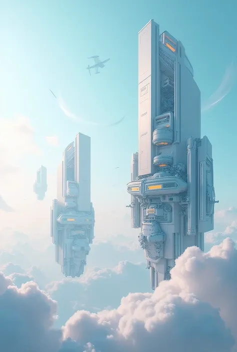 Cyber beautiful landscape with buildings flying on the sky