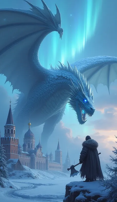 A monstrous, ice-covered dragon with jagged sapphire and silver scales rises from the frozen tundra of Siberia. Its enormous wings, coated in frost, send icy winds across the landscape. The dragon’s breath emits a freezing mist, turning the air to frost as...