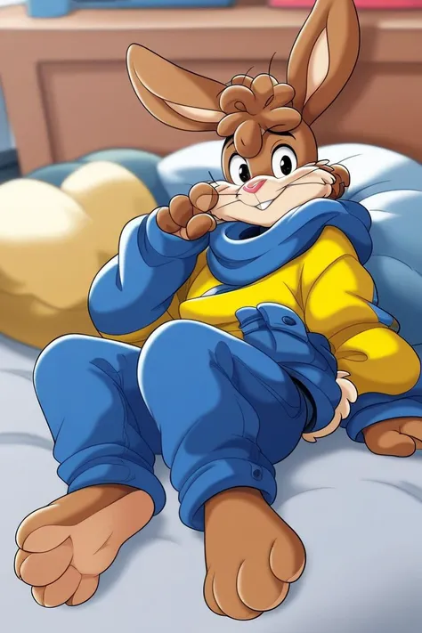 zPDXL3,quicky,4 fingers,brown fur, blue pants, yellow winter sweater, French style, sitting down on the bed in the bedroom, young 25 year old adult, 6 feet tall, cute version of quicky, cute rabbit hair, furry, rabbit, male, femboy, slim,solo,looking_at_vi...