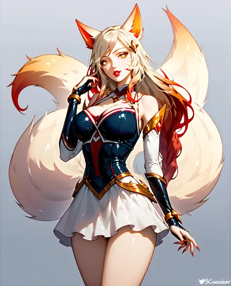 наилучшего качества, шедевр,   Ahri stading background,  space mars, gradient stars,  , 1 girl, perfect anatomy,kitsyne , ears fox, Cristal fox tails,  more kitsyne tails Cristal, Один, блондинка, long hair, gradient hair, yellow eyes,украшение для волос, ...