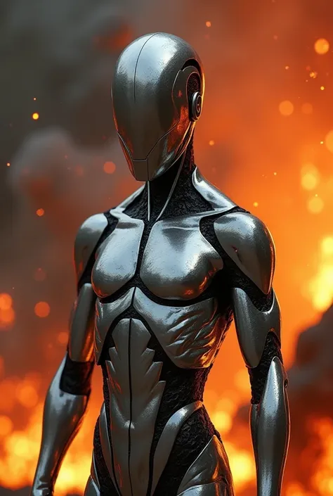  Silver man half masked body made of silver, with ultra realistic 8k resolution . Let the background be flames . Cinematic