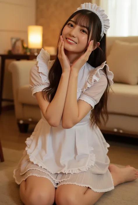 maid apron,on all fours,cute face,indoors