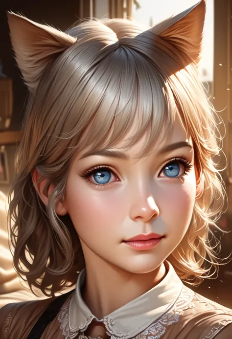 a beautiful girl with long grey hair, light blue eyes, adorable cat ears, cute expression, highly detailed portrait, (best quality,4k,8k,highres,masterpiece:1.2),ultra-detailed,(realistic,photorealistic,photo-realistic:1.37),intricate details,delicate faci...