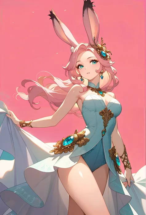 detailed Aqua Eyes, pink hair, ( Aqua Eyes), official art, unity 8k wallpaper, ultra detail, beautiful and beautiful , Masterpiece, top quality, 1 Viera girl, Huge , extremely detailed, elegant, vibrant colors, Romanticism, behind the back of ...