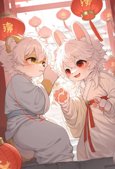 Bunny Boy，furry boy， toddlers， white hair ，Hanfu， red lantern ，Chinese New Year