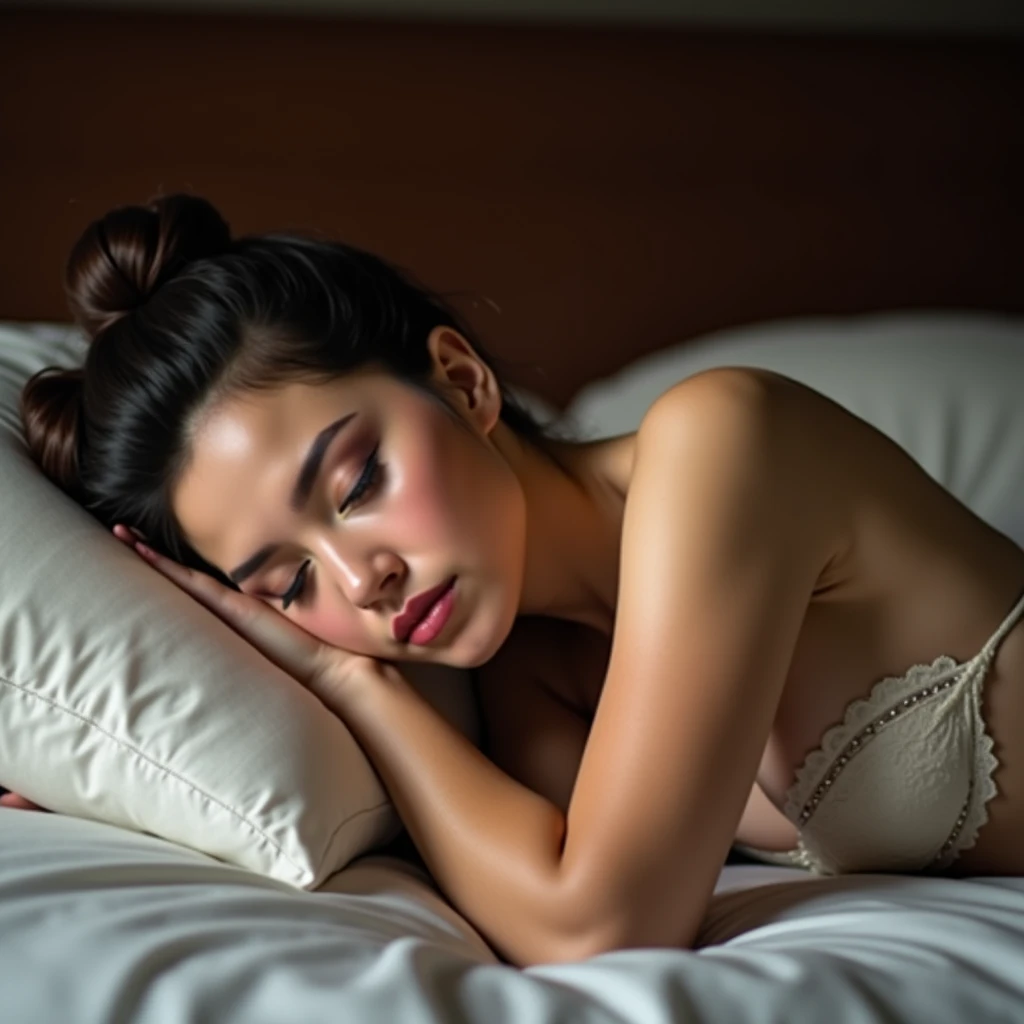  Bust of a beautiful woman wearing an undone bun,  half-naked under a lace bodice ,  lying on your stomach ,  asleep on a bed , A folded arm .