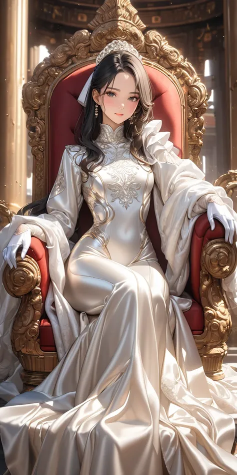  full body photo、 portrait 、(Masterpiece, top quality,  Ultra High Resolution ), Highly Detailed CG, Japanese woman,(( beautiful face)),(( long sleeve long dress made of shiny white silk satin))、((The dress has a simple design without embellishments)),Ruff...