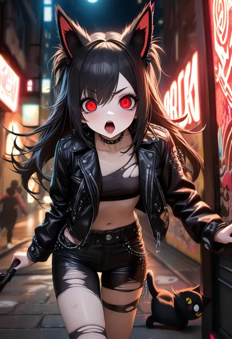 Alone, 1 girl\( cute,  cute, ,( :1.2), open your mouth, tongue, (  black hair:1),( long hair),(Twin tail hair), pale skin on a street car, Skin Color Blue ,  Red Eyes,  my eyes are shining, ( big eyes),(chest:1.4),( punk fashion:1.6),( Torn Clothes :1.5),(...