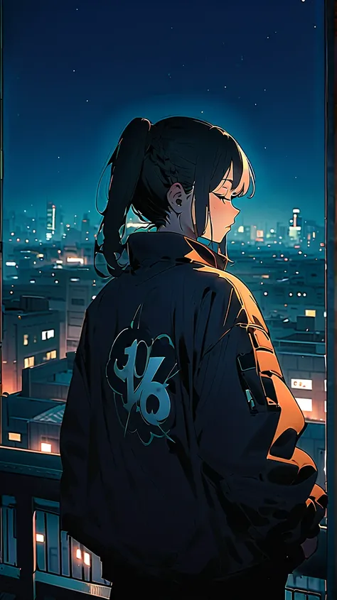 ((Masterpiece, highest quality))), (((32K wallpaper)))), score_9, score_8_up, one boy, masterpiece, very beautiful, manga, anime, illustration, one girl, standing on a rooftop at night, eyes closed, peaceful and nostalgic atmosphere, background is a citysc...