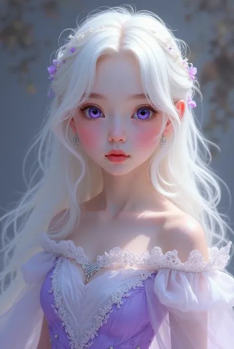  A young girl with platinum white hair, white skin and bright violet eyes ,  wearing a white and purple princess dress 