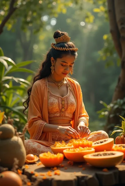 make a 30-second video of the figure of goddess kandita the son of prabu munding wangi from the beautiful pajajar kingdom with the video depicting the activity of decorating using papaya fruit 