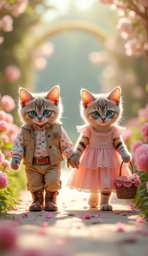  "Fairy Tale Garden Runway – Baby Cats in Floral Fantasy 🌸🐱"
A slim, upright-walking baby cat duo struts forward on a garden-inspired runway covered in blooming flowers and twinkling fairy lights. The male baby cat wears a pastel vest over a floral shirt, ...