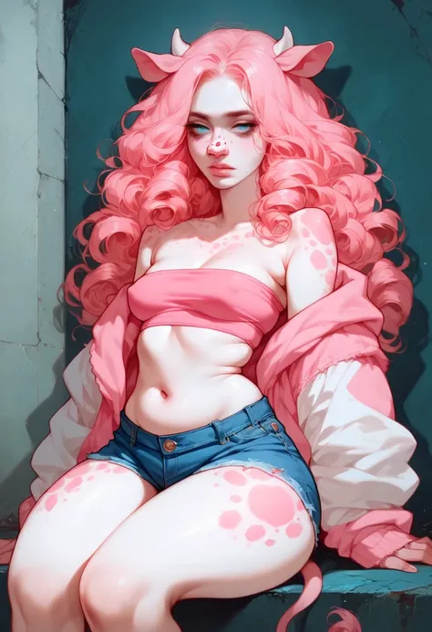 surreal background, solo, 1woman, ((pale skin with pink cow spots)), small breasts, curvy hips, thick thighs, thick calves, pastel pink hair, long curly hair, blue eyes, droopy eyes, tired eyes, white short hoodie, pink tube top, cut off denim shorts, sitt...