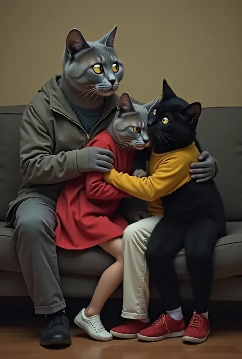 A male gray cat wearing a gray jacket, gray pants and black shoes with wide eyes looked at a female gray cat wearing a red dress and white shoes and a black cat wearing a yellow sweater, white pants and red shoes sitting close to each other on the sofa. Th...