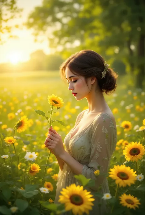  Beautiful Summer Day ,  Sun,a beautiful meadow with daisies and sunflowers ,  A beautiful girl in a dress and a light blouse with patterns ,  gently smells a sunflower very beautiful and wonderful picture,  masterpiece, 8 k,  best quality ,  complicated d...