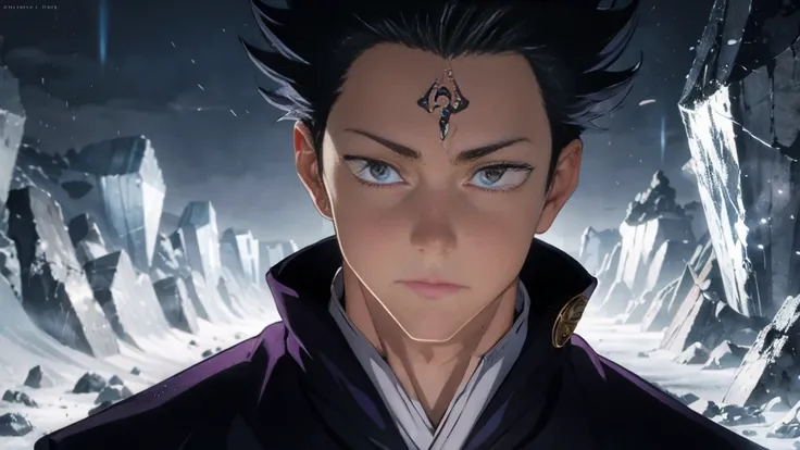 (best quality), (high resolution), (perfect lighting), (high detail), jujutsu kaisen, 1 guy, jujutsu sorcerer, (rhombus crystal embedded in forehead), purple crystal, (unique outfit), (colorful outfit), calm facial expression, pose, glaciers, (detailed bac...