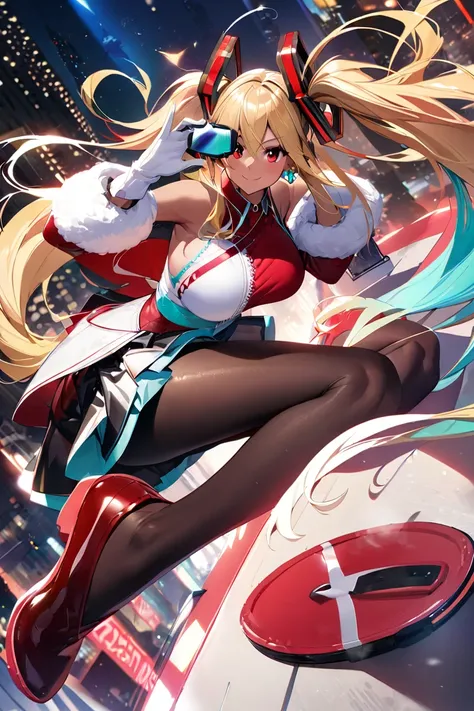  Hatsune Miku,( Masterpiece),( top quality),( Super Detail),( best illustration ),( best shadow ),(  is ridiculous),( detailed biography ),(andてもエステティック), and_spring,  1 girl, Alone,   blond hair,  gloves,  skirt,  brown hair,  fur trim, Dark Skin,  red ey...