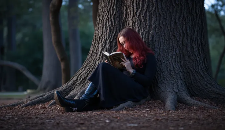 Sous un ciel étoilé où la lune brille d’une lueur argentée, une femme est assise contre un arbre gigantesque à l’écorce sombre, parcourue de veines lumineuses violettes. Ses racines épaisses forment un trône naturel, tandis que ses branches étendues porten...