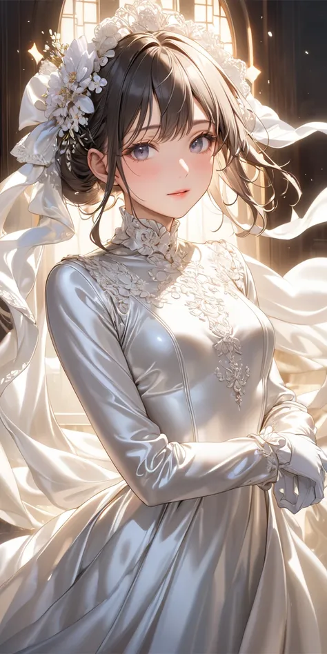  full body photo、 portrait 、god々Shining light、(Masterpiece, top quality,  Ultra High Resolution ), Highly Detailed CG, Japanese woman,(( beautiful face)),(( long sleeve long dress made of shiny white silk satin))、((The dress has a simple design without emb...